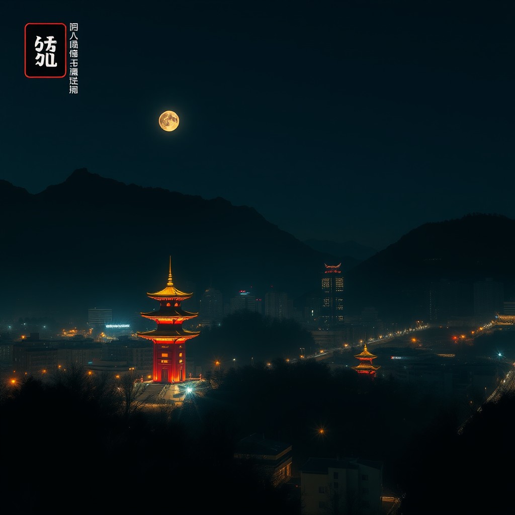 A vibrant, illuminated pagoda stands out in a cityscape under a full moon and dark sky.