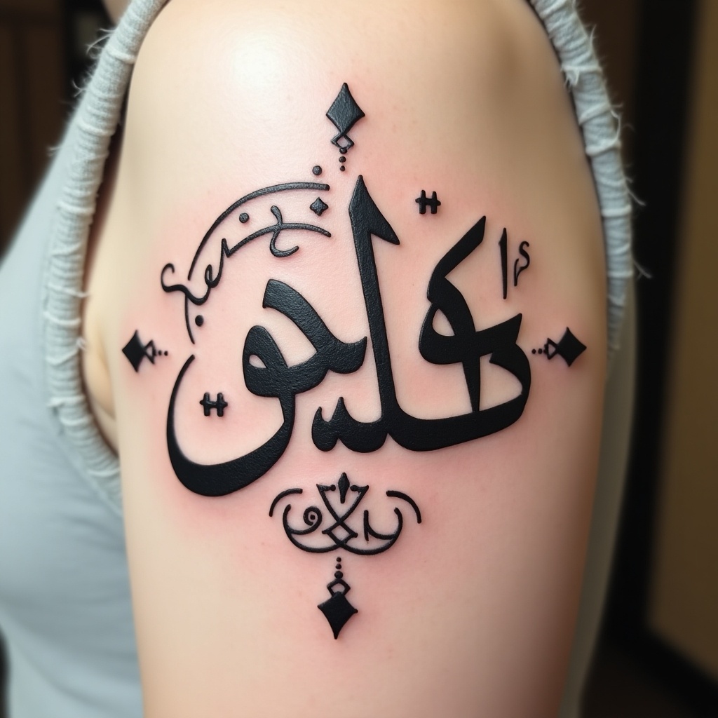 Tattoo of حرية الصحافة using square kufic calligraphy style. Close-up of the design on skin.