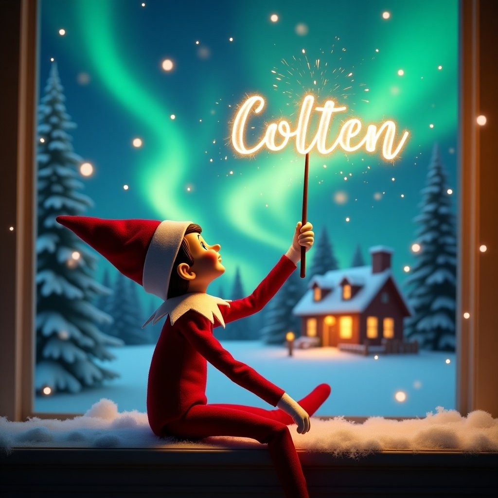 Elf sits with back to viewer gazing skyward. It holds a glowing wand emitting sparkling light. Background shows a charming Christmas scene with colorful northern lights and a cozy decorated house. Snow covers the ground. The elf embodies the magic and wonder of Christmas. The name 'Colten' is written in the air with the wand.