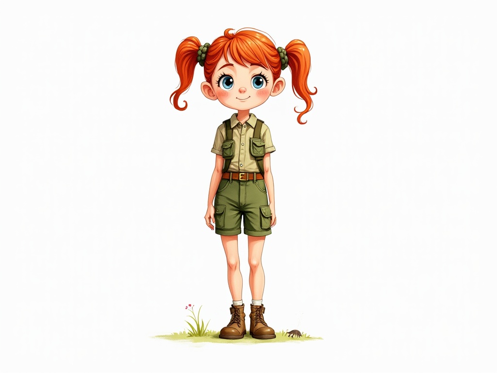 A charming illustration of a young girl with vibrant red hair styled in pigtails, dressed in a classic explorer outfit. Her attire consists of a khaki shirt, green shorts, and sturdy hiking boots, reflecting a readiness for adventure. The image hints at a curiosity and love for the outdoors, highlighted by a small patch of grass and a crawling insect.