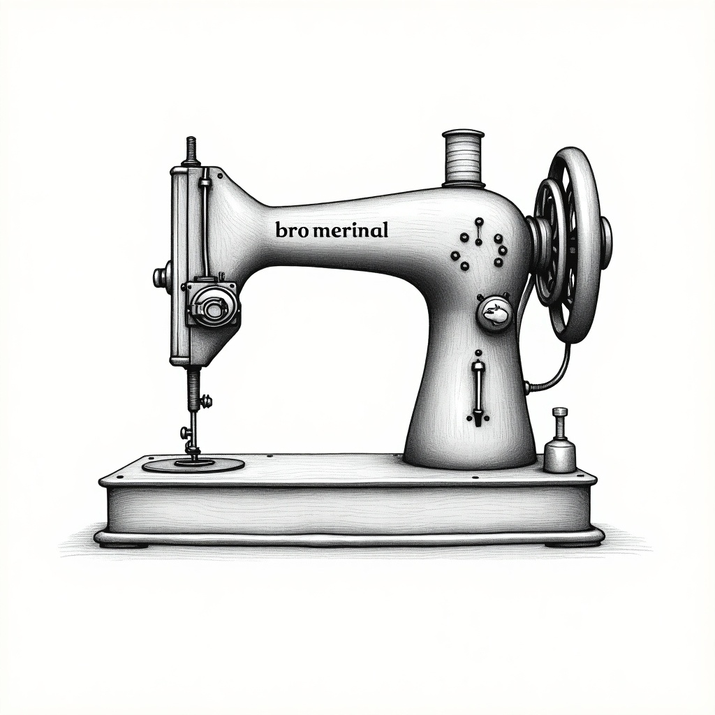 Front view of a vintage sewing machine. Features detailed elements like the needle, wheel, and base. Emphasizes mechanical design with a classic appearance.