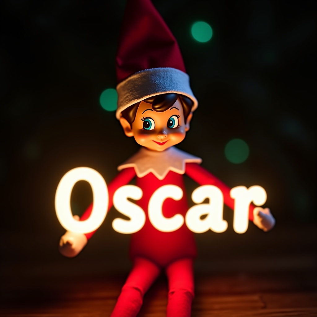 Elf character dressed in red and white attire. Elf holding a glow stick forming the name 'Oscar'. Dark background enhances the glow of the text. Creates a warm festive atmosphere during the holiday season. Evokes feelings of magic and holiday cheer.