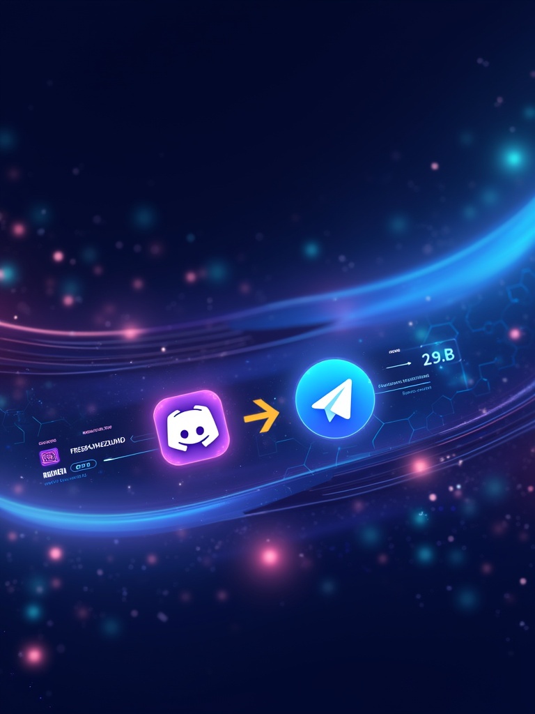 High-quality modern website banner showing futuristic design. Abstract blockchain elements in the background. Icons of Discord and Telegram in the foreground. Connected by digital waveforms. Smooth flowing design with a cyber-tech atmosphere. Color scheme of neon blues and purples. Clean and tech-savvy aesthetic with motion effects.