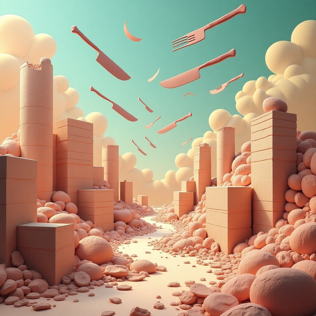 This image features a surreal landscape inspired by cheesecake, characterized by peaks and valleys made of soft textures. Towers made of rectangular blocks rise alongside mounds of various forms, resembling a fragile world. Scattered cutlery floats in the air, depicting a whimsical sense of abandonment. The color palette includes soft pinks and pale blues, giving a dreamlike feel. Overall, the composition evokes a playful yet fragile ambiance, reflecting an imaginative interpretation of a dessert-infused world.