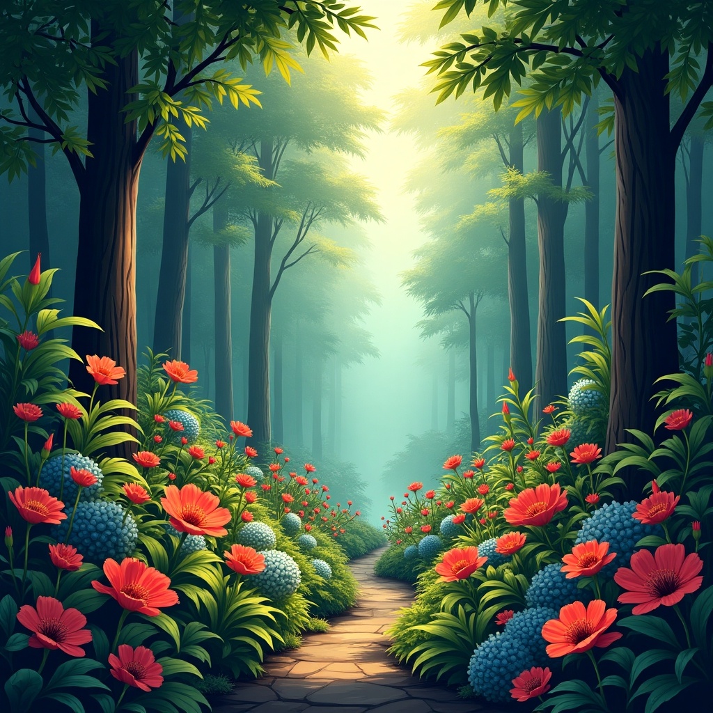 Colorful jungle filled with flowers and tall trees leading down a serene path.