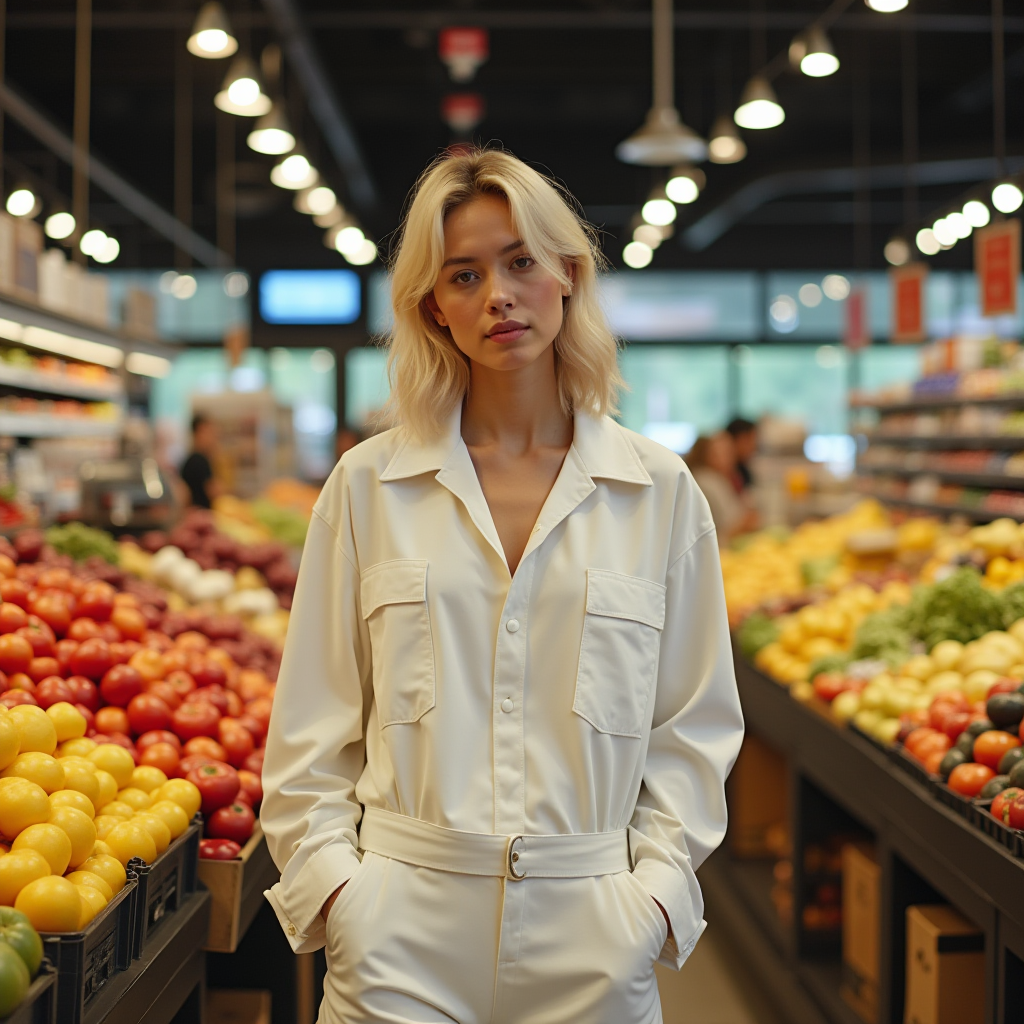 A person stands thoughtfully in a grocery store aisle filled with vibrant fruits and vegetables.