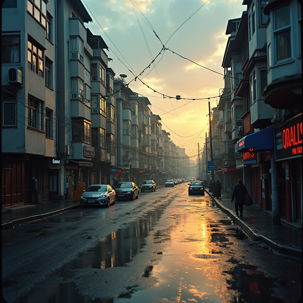 The image is a collage representing urban life. It features multiple signs with the numbers '30' and '31' prominently displayed. The atmosphere is somber, with a gloomy skyline and many empty streets. Bright reflections on the wet pavement create a surreal effect. The composition evokes a sense of solitude without showing any people in the streets. The overall feel is that of a glitchy urban scene.