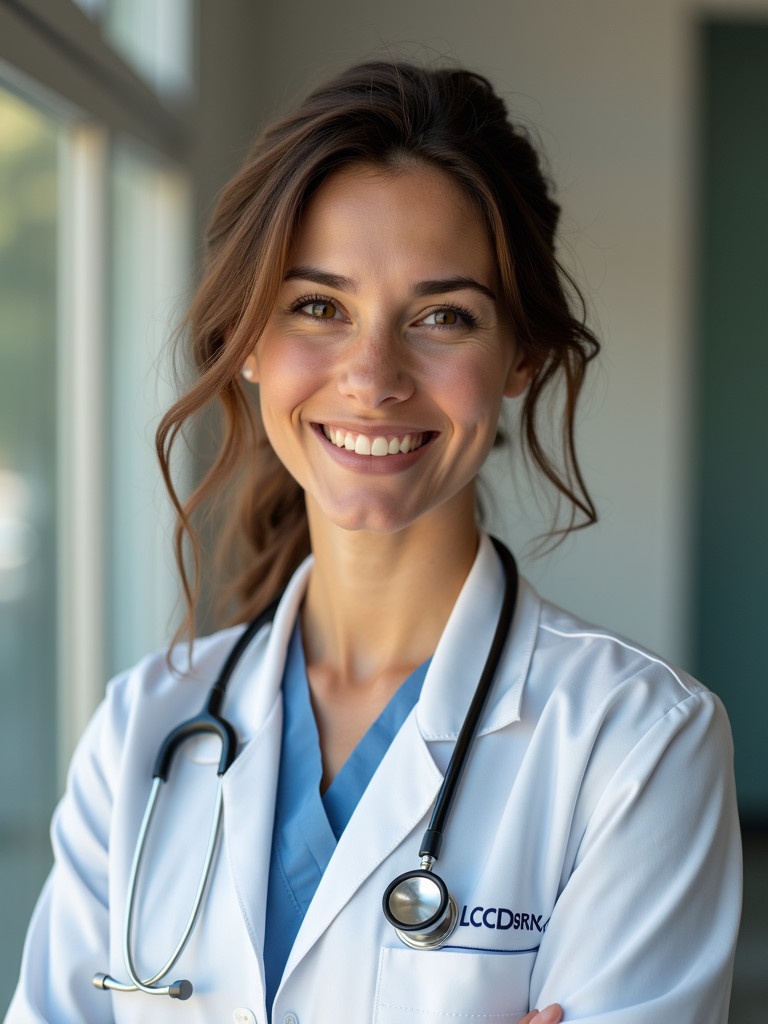 Professional female physician in a white medical coat. Doctor wearing a stethoscope. Natural light in a healthcare setting. Demonstrates confidence and approachability.