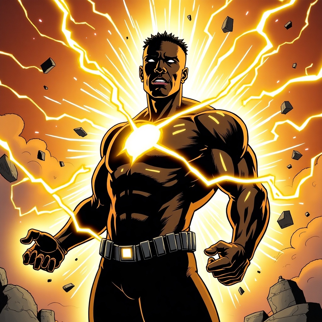 This image depicts a comic-style illustration of a heroic black man harnessing the power of lightning. The character stands confidently, showcasing his muscular physique. An explosion of yellow and orange lightning surrounds him, emphasizing his strength and dominance. The dramatic lighting creates a striking contrast against the darker background. This superhero embodies energy and power, typical of comic book protagonists with extraordinary abilities.