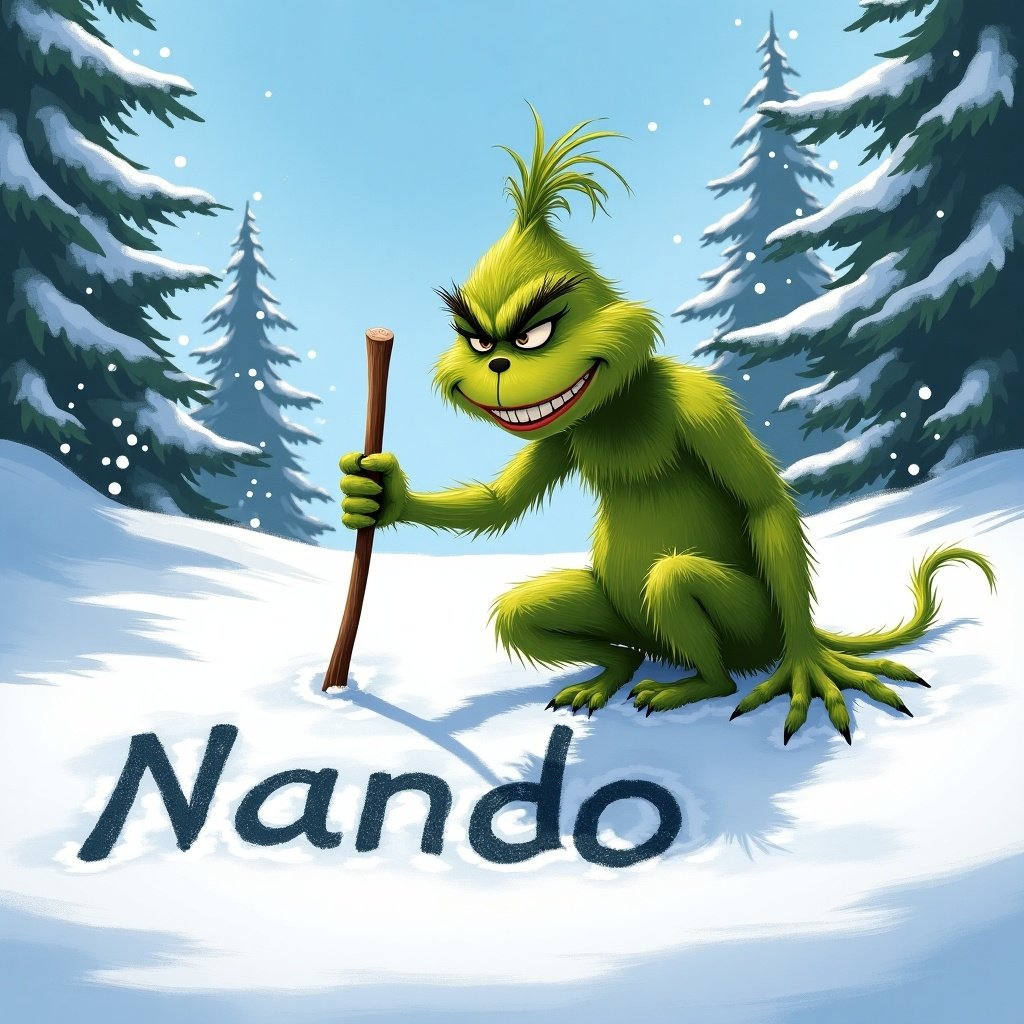 The Grinch writes Nando in the snow. The Grinch has a mischievous expression. Snowy background with trees.