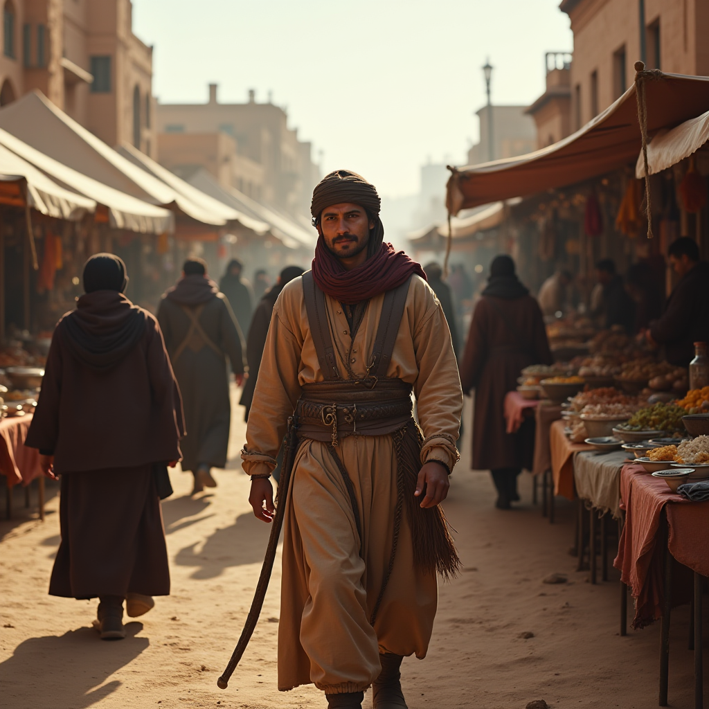 A man in traditional attire walks through a bustling, atmospheric market lined with stalls.