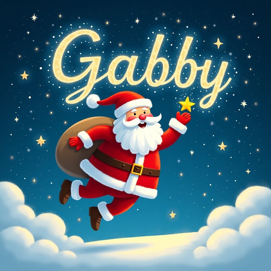 A joyful Santa Claus is flying through a starry night sky. He has a big red suit, a fluffy white beard, and a cheerful smile. In his hand, he holds a star, and with magical sparkles, he is writing the name 'Gabby' in glowing letters. The background is filled with soft clouds and twinkling stars, creating a festive and enchanting atmosphere. It captures the spirit of Christmas and the joy of giving.