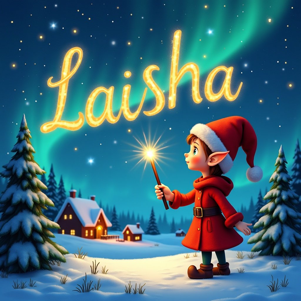 Elf writes Laisha with a magical wand. Name in sparkling letters. Starry night sky. Elf watches the sky. Wearing red outfit and pointed hat. Holding glowing wand. Charming landscape with houses and evergreen trees. Illuminated by Northern Lights.