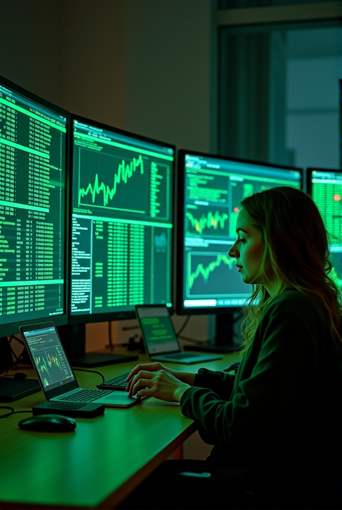 A person sits at a desk, working on a laptop surrounded by multiple monitors displaying graphs and data.