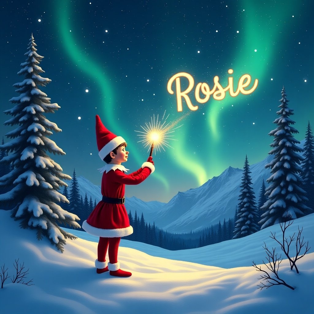 A traditional red elf stands in snowy mountains. The elf uses a magic wand to illuminate the name 'Rosie' in the night sky. Above, stars twinkle with vibrant northern lights. The landscape has deep snow and towering pine trees under a starry night.