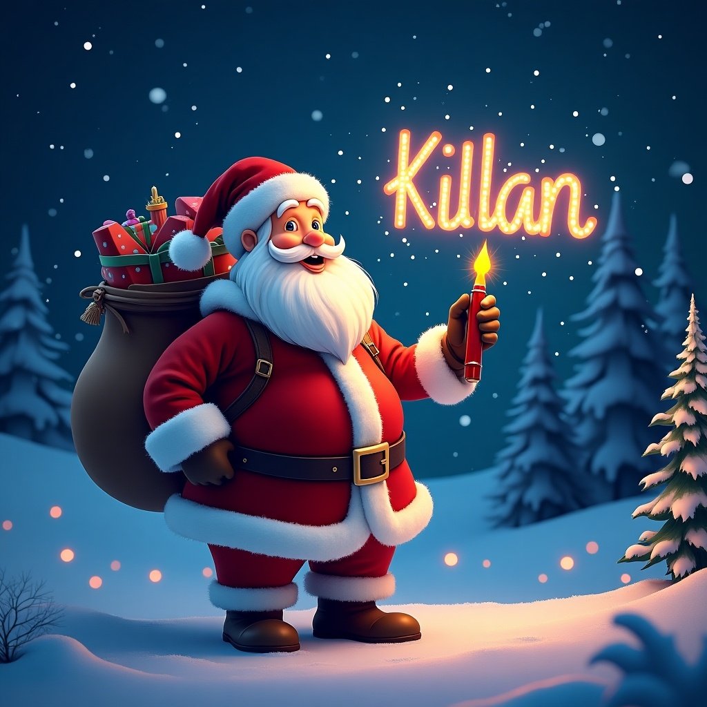 Christmas theme features Santa Claus joyfully writing the name Killian in the sky with a colorful glow pen. Santa is smiling and holding a large sack full of gifts. Snow-covered trees provide a whimsical backdrop. The scene radiates warmth and holiday joy.