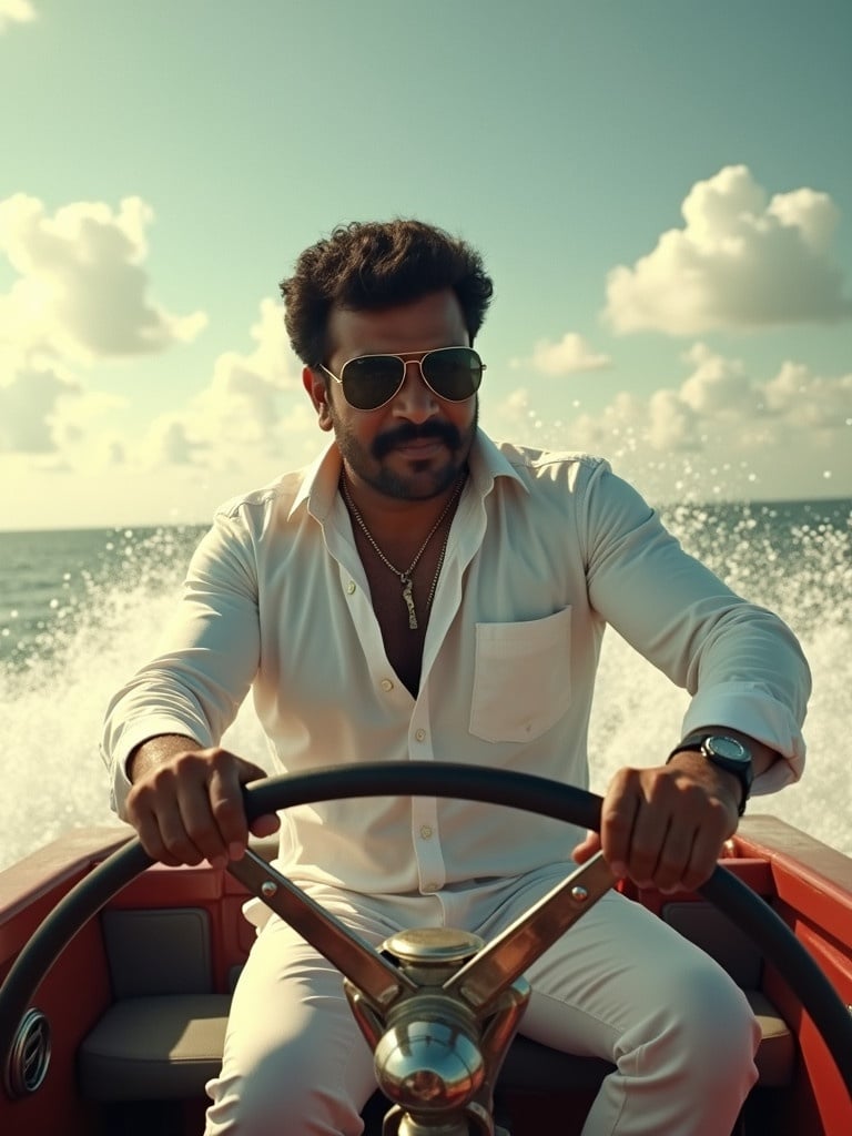 Image of a Tamil movie actor driving a boat in a sunny environment. Focus on the actor's attire and steering the boat. Vibrant setting with ocean waves in the background.