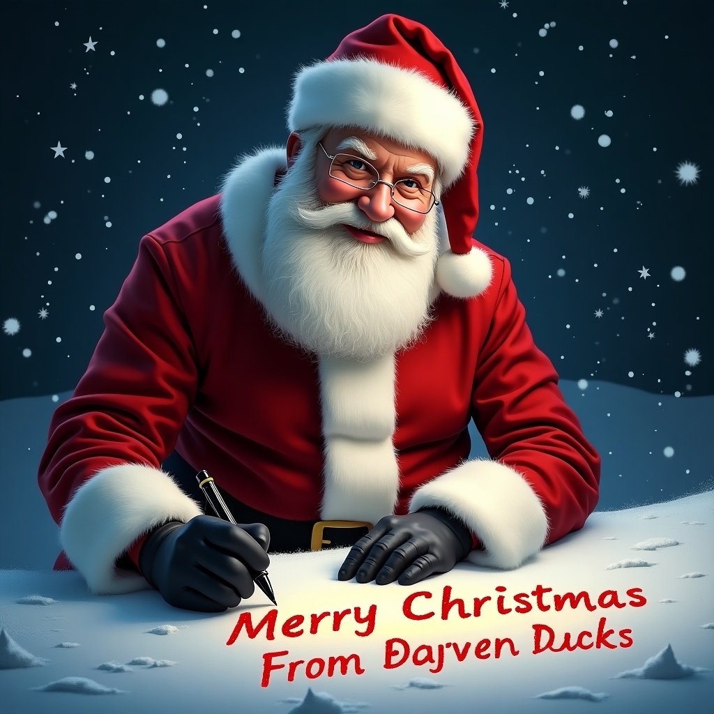 Realistic Santa Claus in red and white suit writes Merry Christmas from Warren Cynthia Nigel and Rheann with magic pen on snowy ground. Background is dark; text glows brightly. Santa's cheerful expression adds warmth to festive scene.