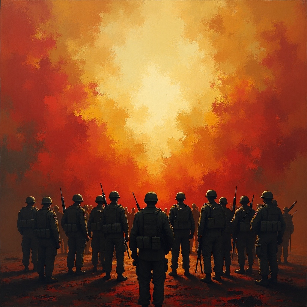 Silhouetted soldiers stand against a fiery backdrop. Soldiers appear determined and resolute. The scene evokes feelings of struggle for peace amid conflict. The background suggests a powerful clash of ideals.