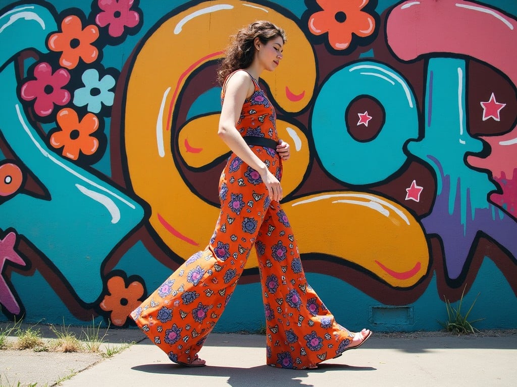 A person walking in front of a colorful graffiti wall. They are wearing vibrant retro-style clothes that feature flared pants with a floral pattern. The background is a lively mural filled with flowers and bright colors. The sunlight casts a warm glow over the scene, enhancing the vivid hues. This urban setting highlights a mix of fashion and art that embodies creativity and self-expression.