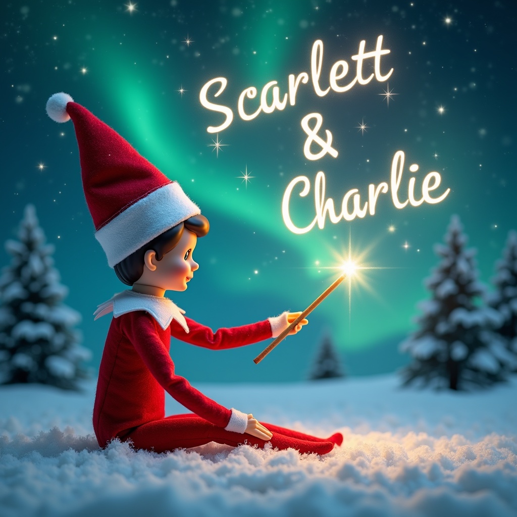 The image features an Elf on the Shelf with its back to the viewer, gazing up at the night sky. It is using a magic wand to write the names 'Scarlett & Charlie' in shining letters among the stars. The background showcases a beautiful Christmas scene, complete with snow-covered trees and captivating northern lights. The elf is in a red outfit, suggesting a festive theme. This enchanting atmosphere invites viewers into a magical Christmas world, celebrating the spirit of the season.