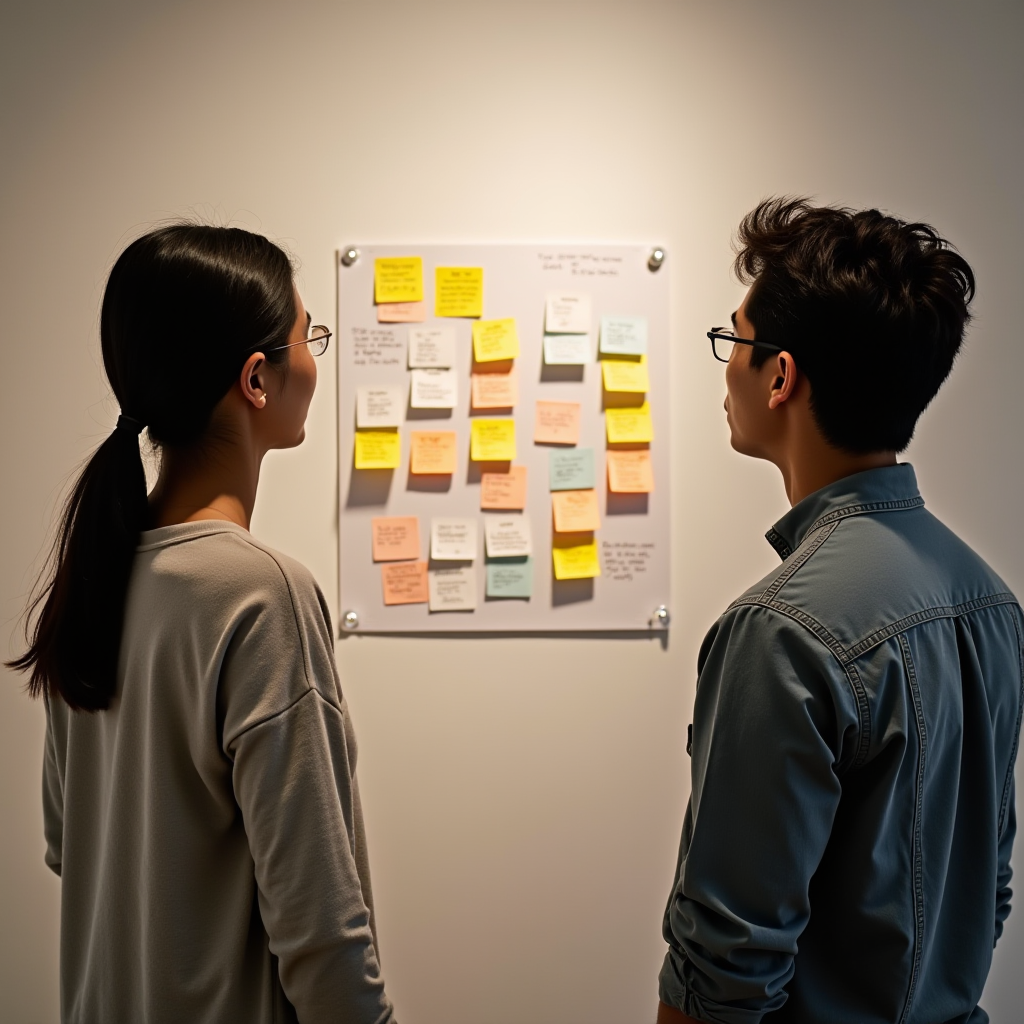 Two people are looking at a board covered with colorful sticky notes.