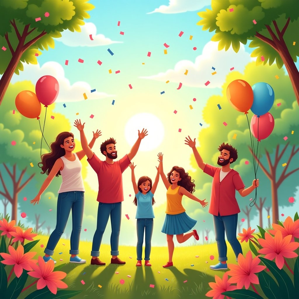 A joyful scene of a diverse group celebrating outdoors. People are engaging with cheerful expressions. Balloons are in the air. Confetti is falling, and flowers are blooming.