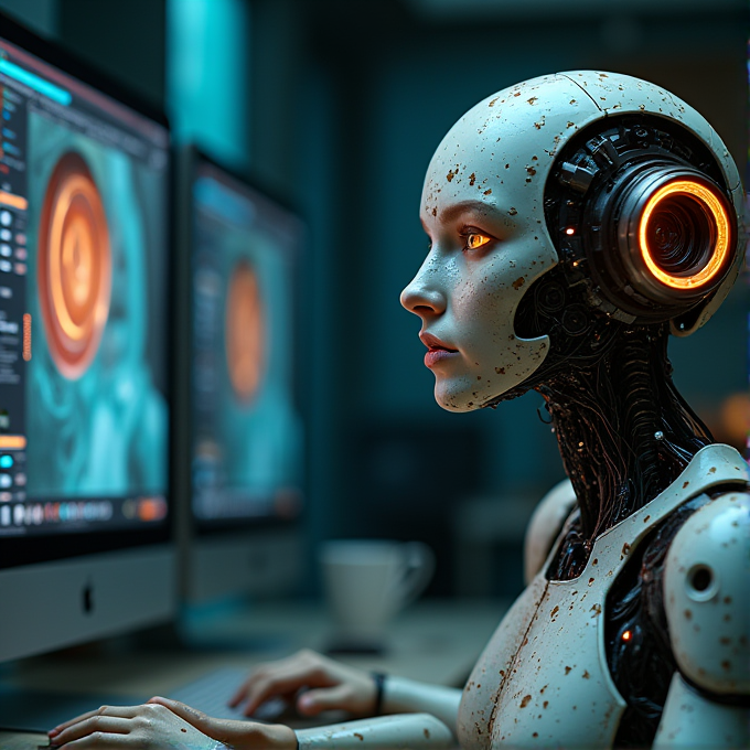 A robot sits at a computer working intently.