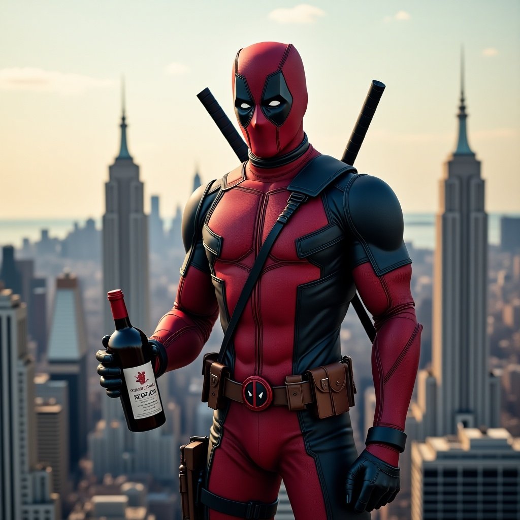 Realistic image of Deadpool looking forward atop a skyscraper with a wine bottle in hand.