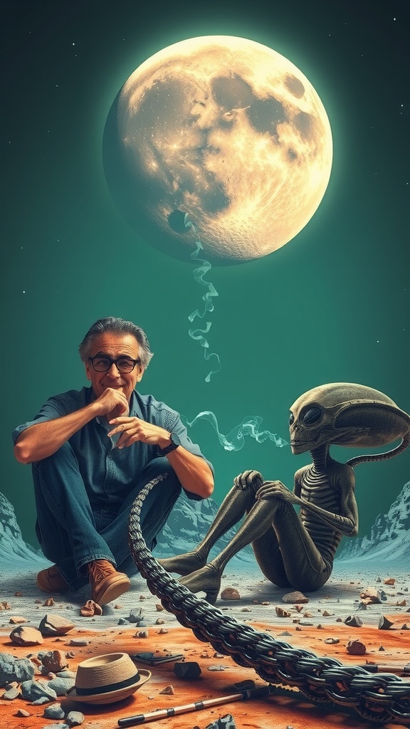 In a surreal dreamscape, a man sits casually beside an alien-like creature, both tethered to a giant moon balloon hovering above them. The setting is on a rocky, extraterrestrial terrain under a teal sky. This whimsical scene captures friendship across worlds with elements of fantasy and humor, symbolized by the connection to the moon.