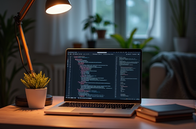 A laptop displaying code sits on a wooden table, illuminated by a stylish desk lamp, with a small potted plant nearby.