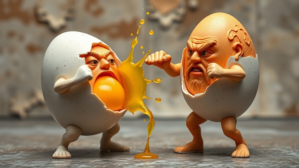 Two anthropomorphic eggs are engaged in a humorous confrontation. Each egg has a cartoonish, expressive face and is depicted with arms and legs. One egg is cracking open with yolk splattering out, symbolizing the intensity of their 'battle'. The setting has a detailed, textured surface, adding depth to the whimsical scene.