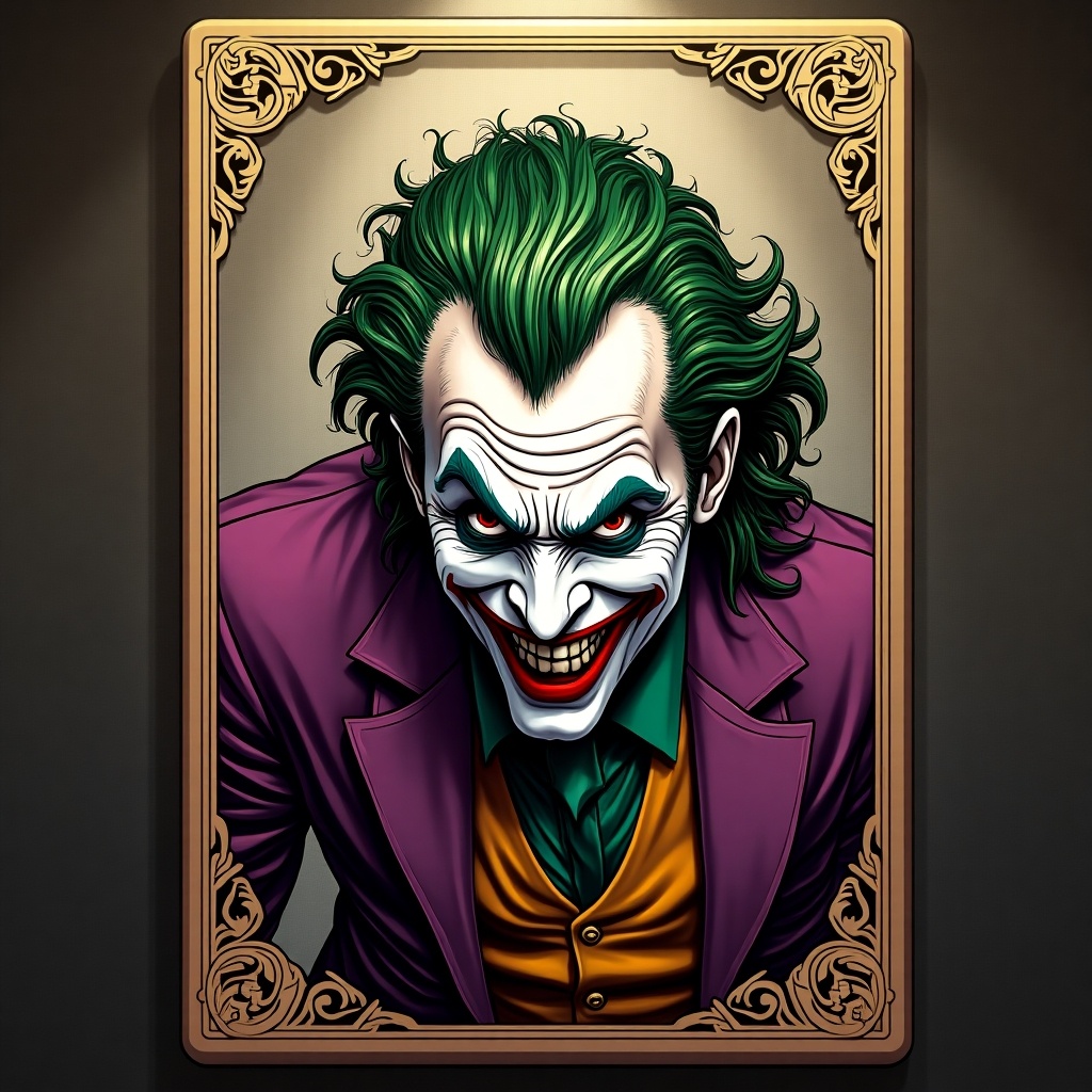 Comic art of The Joker character from DC Comics showcasing in a museum style combined with crypto lottery theme. Focus on the vibrant and detailed costume, ornamental frame used to highlight the art piece.