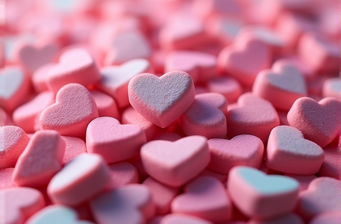 A collection of pink heart-shaped candies fills the image.