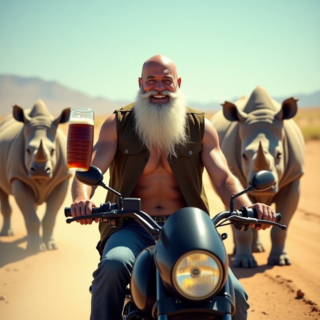 A bald man with a white beard rides a black motorcycle. He is joyous and holds a beer. The scene is set in a sunny desert. Two rhinos are close by.