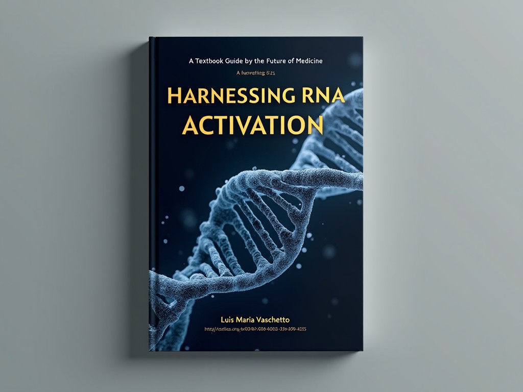 This image showcases a book cover design featuring the title 'Harnessing RNA Activation: A Textbook Guide to the Future of Medicine' prominently displayed in gold color. The cover features a striking visual of a DNA double helix, symbolizing the focus on RNA and genetic research. The author's name, Luis Maria Vaschetto, is included at the bottom for recognition. Additionally, the publication date is noted as 2025, adding relevance to the text. An ORCID link is also provided to connect the author with the academic community. The overall design is modern and appealing, catering to professionals and students in the medical and scientific field.