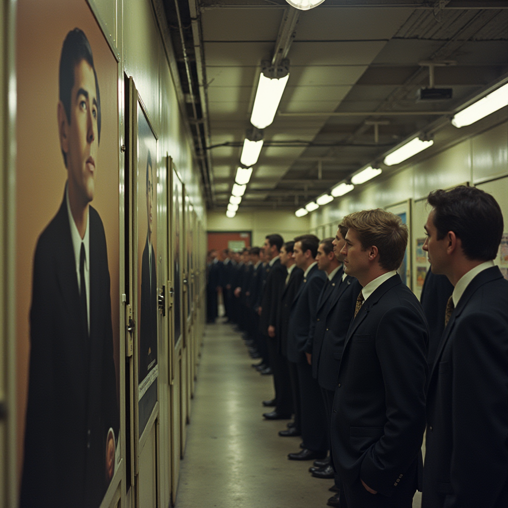 The image depicts a group of men, all dressed in identical dark suits and ties, standing in a narrow hallway lined with large portraits. They are positioned side-by-side and appear to be staring intently at the portraits on the walls. The setting is illuminated with overhead fluorescent lights, creating a stark and somewhat formal atmosphere. The portraits feature an individual also dressed in a suit, echoing the attire of the men observing them, creating a sense of reflection and uniformity. The repetitive nature of the scene with multiple copies of the same portrait adds a layer of complexity and suggests themes of conformity and identity.