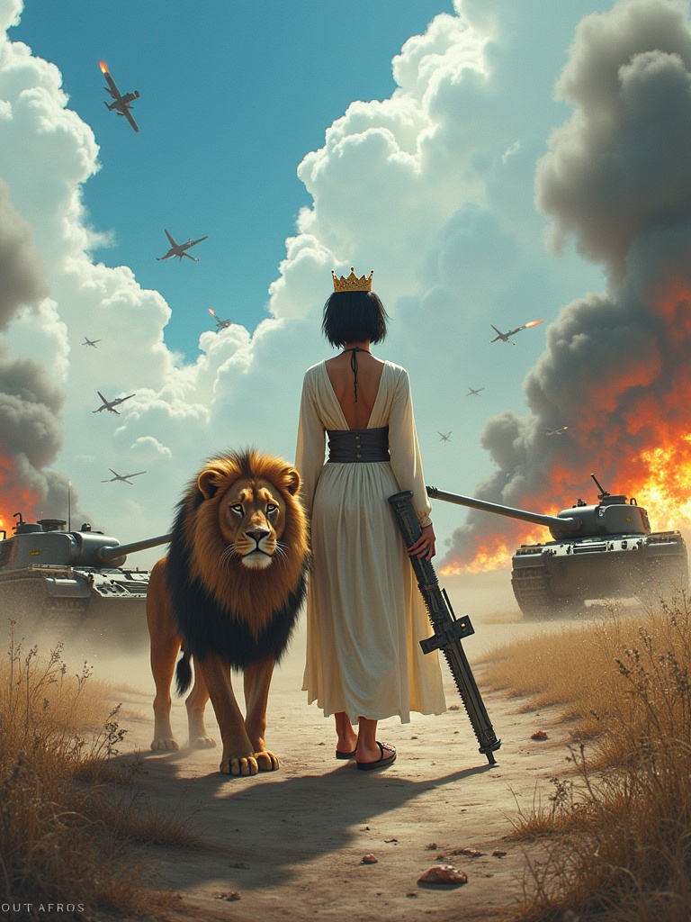 A battlefield features tanks missiles aircraft. Bright blue sky with fire and smoke. An ethereal fierce woman stands in white dress with a crown in short black hair. She holds a long gun. A fierce lion walks beside her. The ground has words 'tyntynAFNS'.