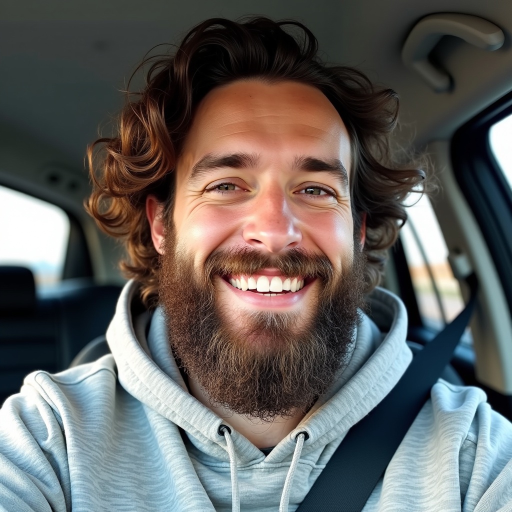 A man is sitting in a vehicle. He wears a gray hoodie and has long curly hair with a full beard. The man is smiling playfully. He is secured with a seatbelt. The background features the car's interior with soft lighting.