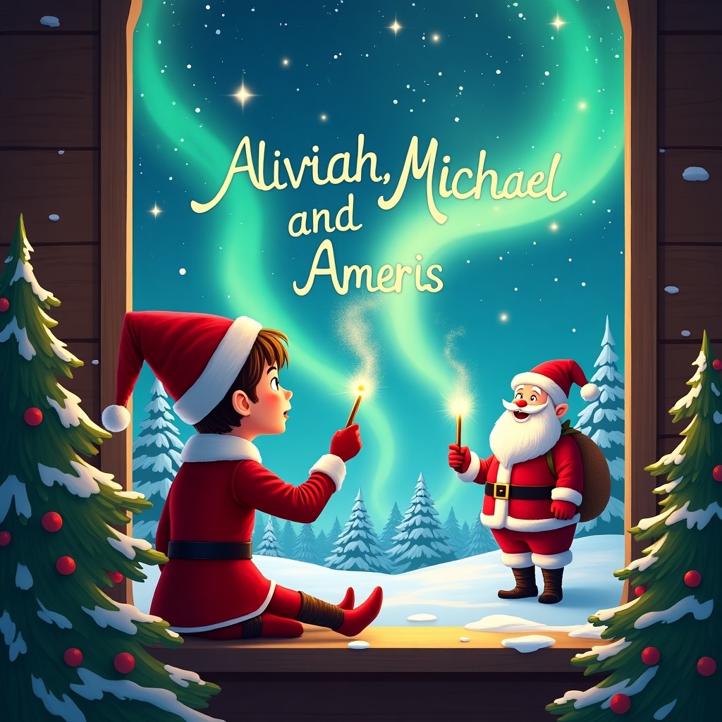 Enchanting Christmas scene with an elf on the shelf by a window. Elf in red costume holds a magic wand. Elf writes name Aliviah, Michael, and Ameris in the air. Background shows magical northern lights and Santa Claus. Festive trees and shimmering snow create a whimsical atmosphere. Illustration captures the joy of Christmas.