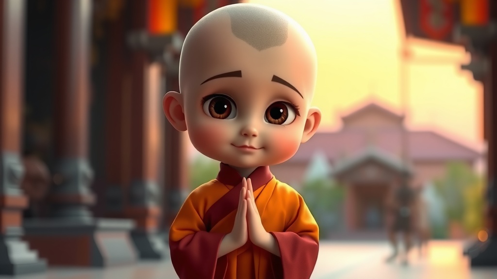 A cute animated child monk in an orange robe with hands in prayer at a temple entrance.