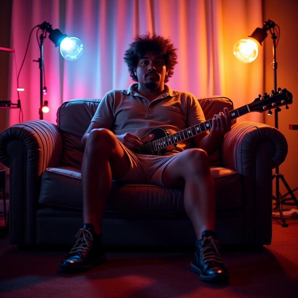 Man with curly hair sits on a couch, holding a guitar. Colorful lights illuminate the space with blue and pink tones. Comfortable atmosphere with musical setup in the background.