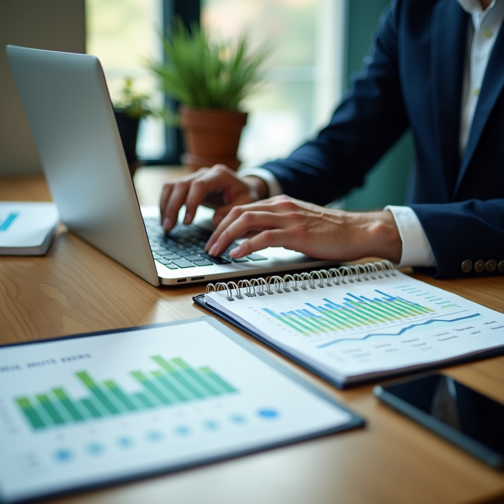 A person in a suit is working on a laptop with charts and graphs on the table, in a professional setting with natural light and plants.