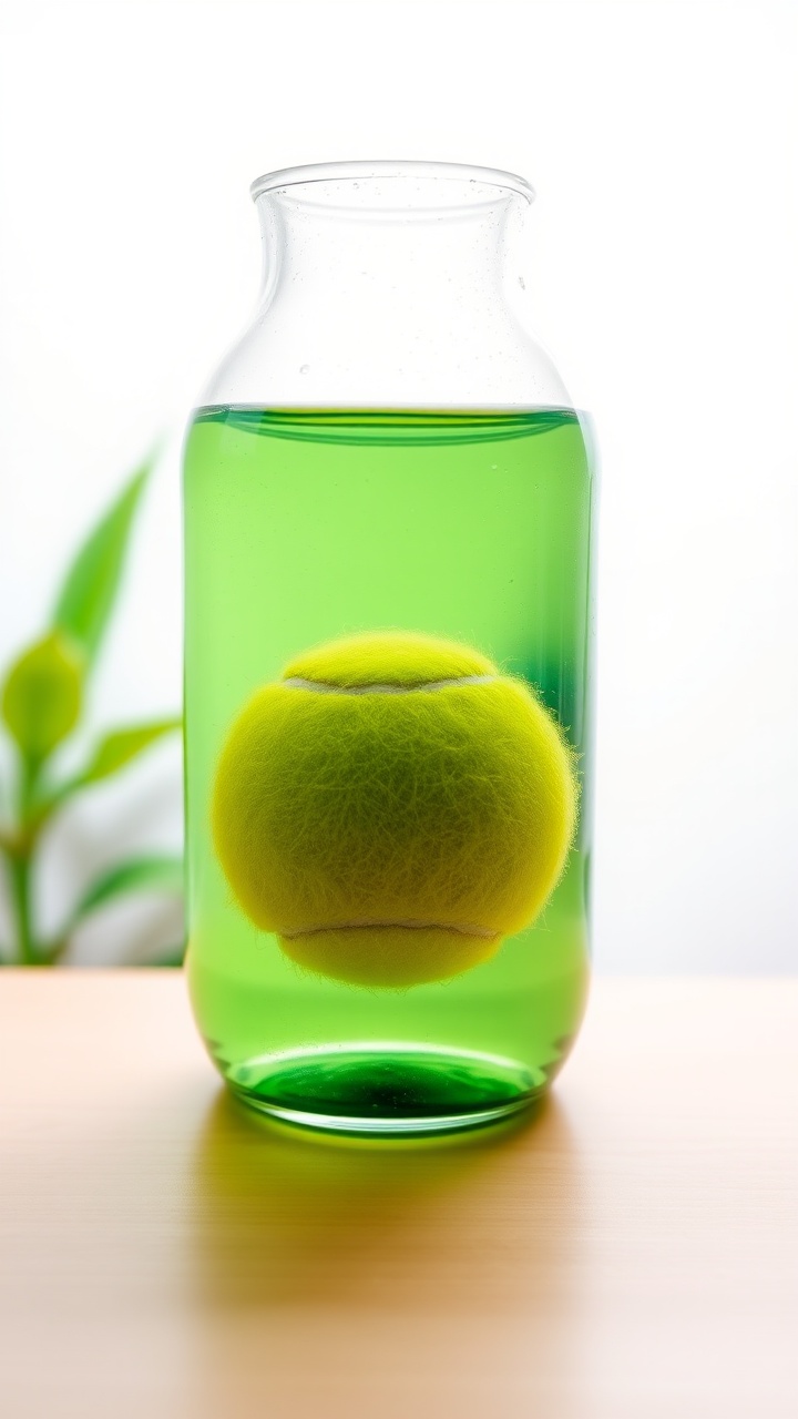 The image captures a tennis ball suspended in a glass jar filled with bright green liquid, creating an intriguing visual contrast. The jar is positioned on a light wooden surface with a blurred plant in the background, adding a natural element to the composition. This setup highlights the vibrant color and texture of the tennis ball against the vibrant liquid, evoking curiosity and visual interest.