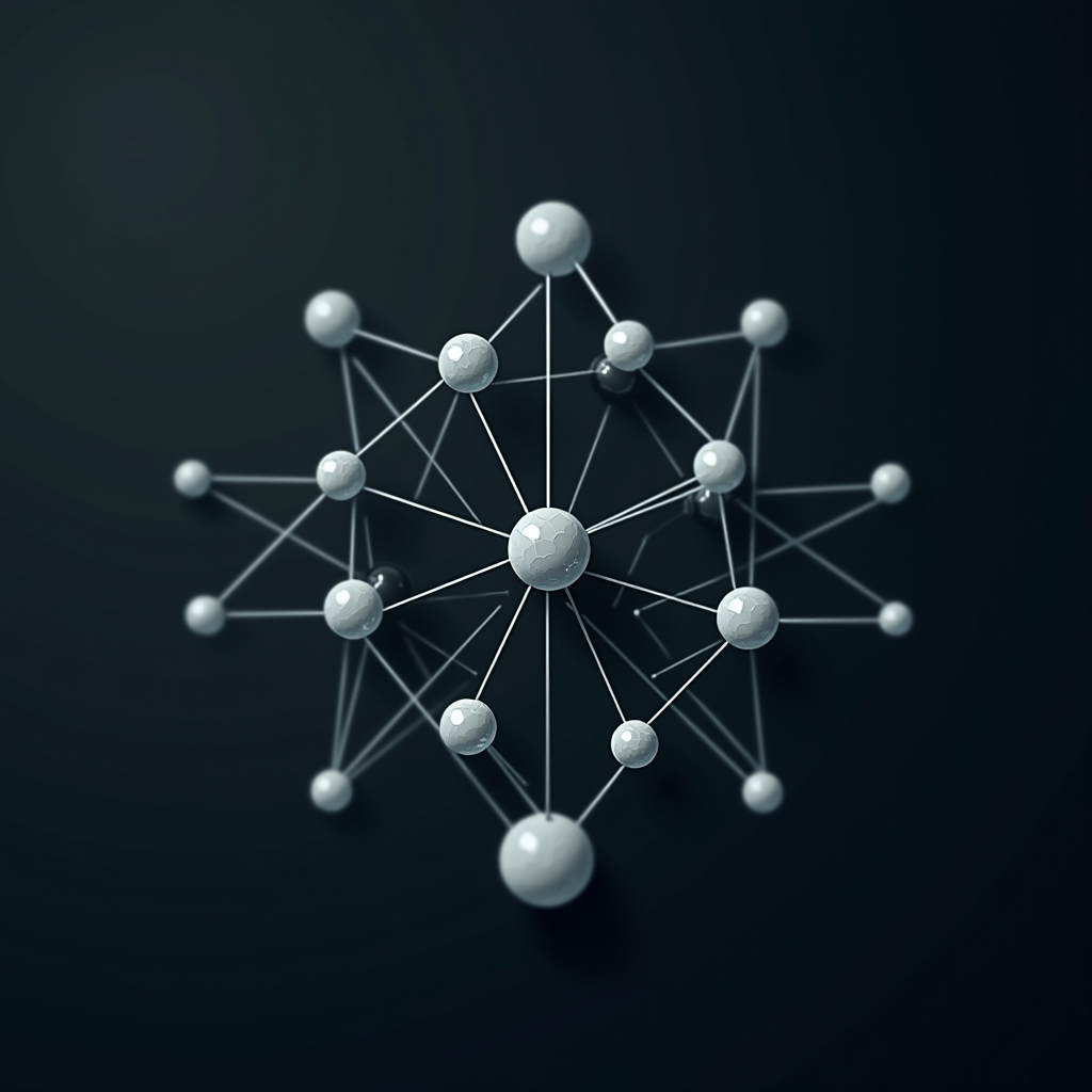 A geometric network of spheres connected by rods forming an intricate pattern.