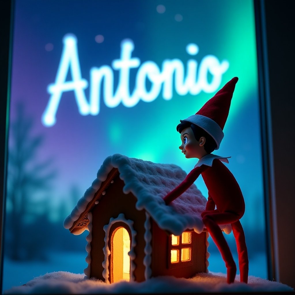 An enchanting scene features an elf doll, identified as a boy with blue eyes, perched on a beautifully crafted gingerbread house. The night sky is illuminated by the vibrant northern lights, showcasing mesmerizing hues of blue, purple, and green. In the background, the lights cleverly spell out the name 'Antonio.' The gingerbread house is adorned with powdered sugar that resembles snow, while a warm glow emanates from the house's window, adding to the cozy atmosphere. This whimsical holiday image evokes feelings of joy and nostalgia, perfectly capturing the spirit of Christmas.