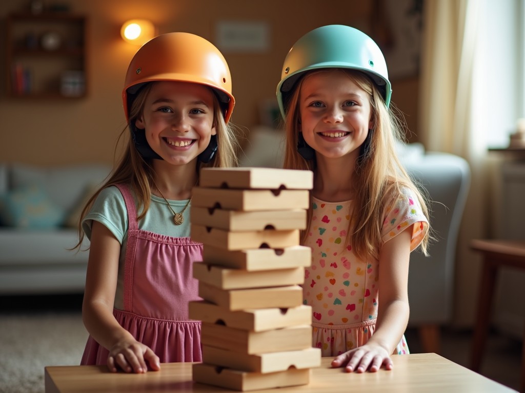 The image features two young girls, both smiling joyfully, wearing colorful helmets. They are standing indoors in a cozy room, poised to play a game of giant Jenga. One girl wears an orange helmet while the other dons a light blue one. Their dresses are playful and colorful, adding to the cheerful atmosphere. Soft lighting illuminates the space, enhancing the warm and inviting setting. It captures the essence of fun and friendship during playtime.