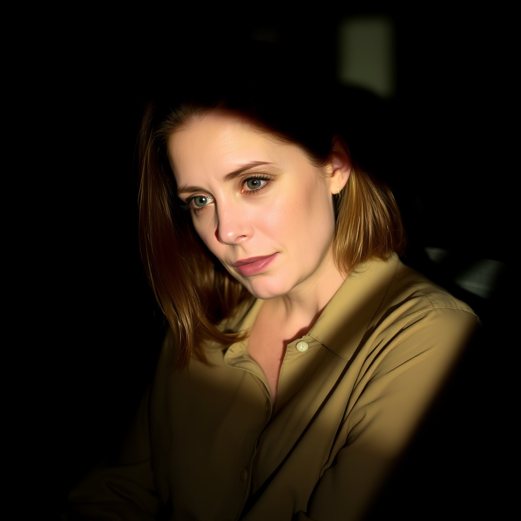 A woman in a beige shirt gazes pensively into the distance, partially illuminated by soft light in a dark room.