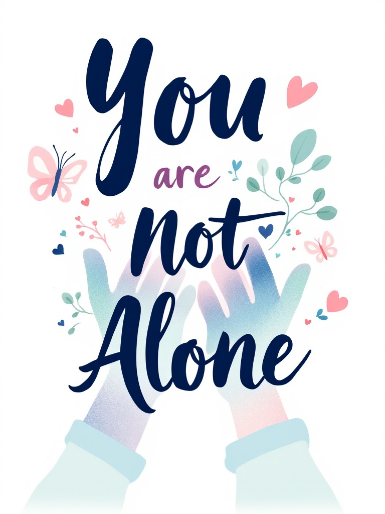 The phrase 'You Are Not Alone' presented in a bold, comforting font. Soft pastel shades of blue and green create a calming effect. Illustrations include hands and supportive symbols like hearts and butterflies. The design is intended for vector t-shirt prints with a hyper-detailed style against a white background.