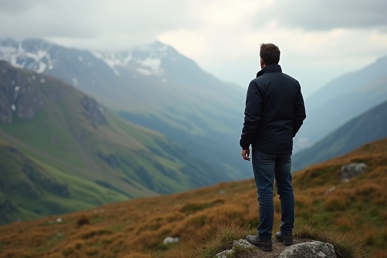 A man stands on a rocky outcrop looking at vast mountain ranges. Green hills and grey clouds fill the landscape behind him. The atmosphere is calming and inspiring for outdoor enthusiasts.